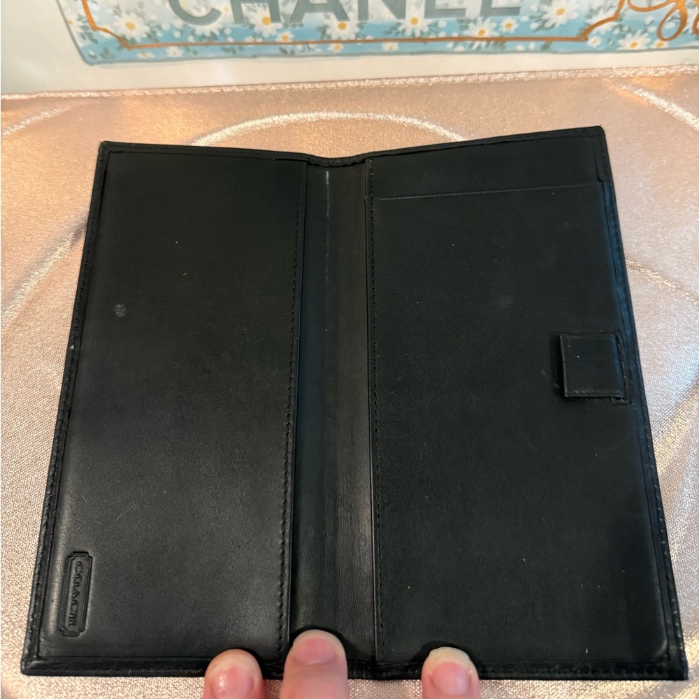 Black monogrammed canvas Coach wallet with black leather interior and pen holder - Picture 3 of 4
